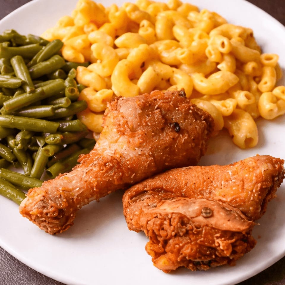 Dan's Soul Food fried chicken, macaroni and cheese, and green beans on a white plate.