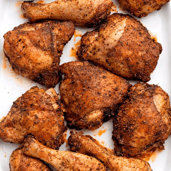 Close-up of Dan's Soul Food and Cafe's seasoned baked chicken pieces, including thighs and drumsticks.