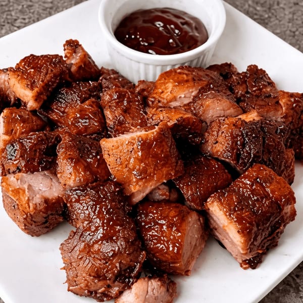 Close-up of glazed, bite-sized pieces of soul food meat with a side of barbecue sauce.